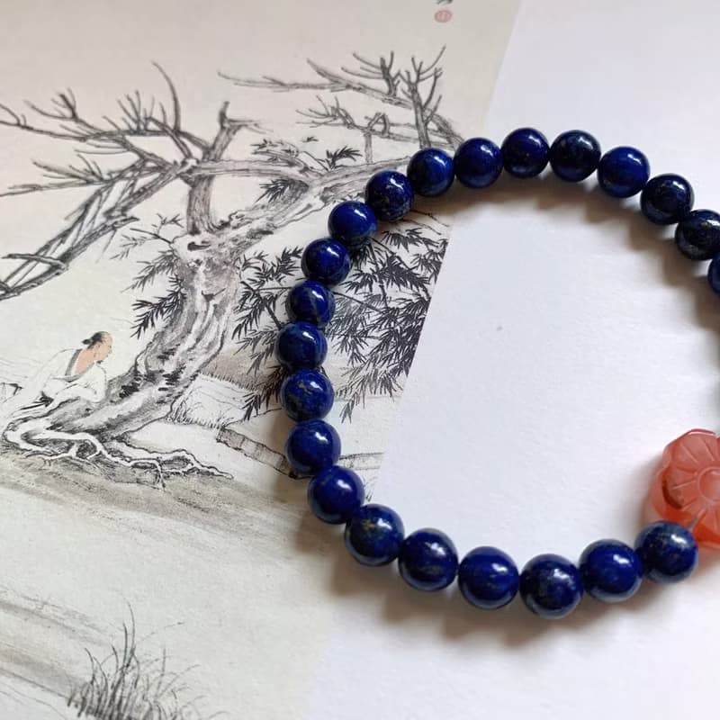 水挼藍。天然青金石 天河石 南紅瑪瑙雕刻花手鏈 古典好運平安