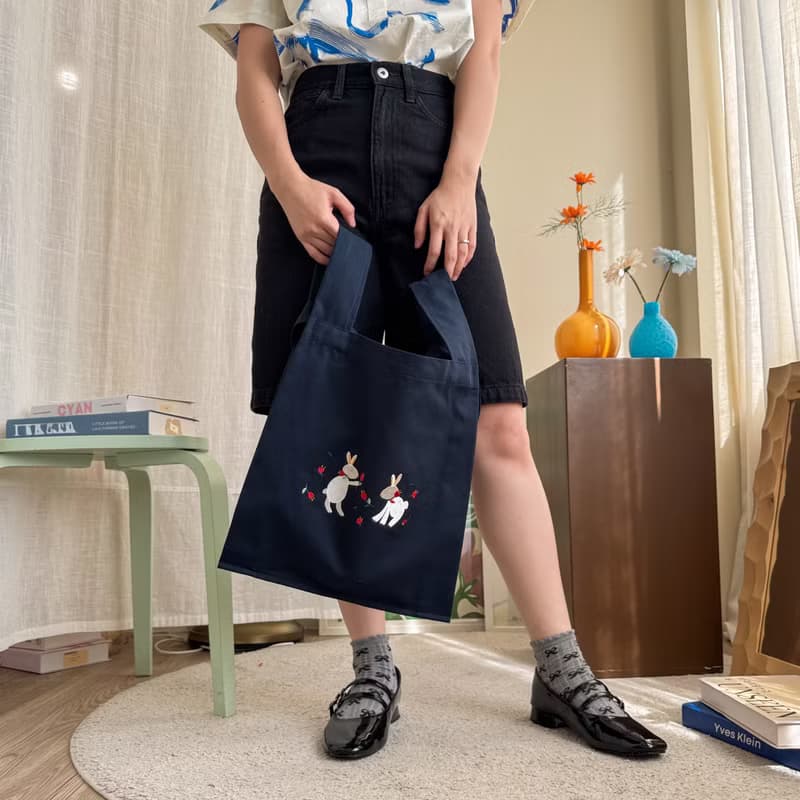 棉質刺繡購物肩背袋   Rabbit