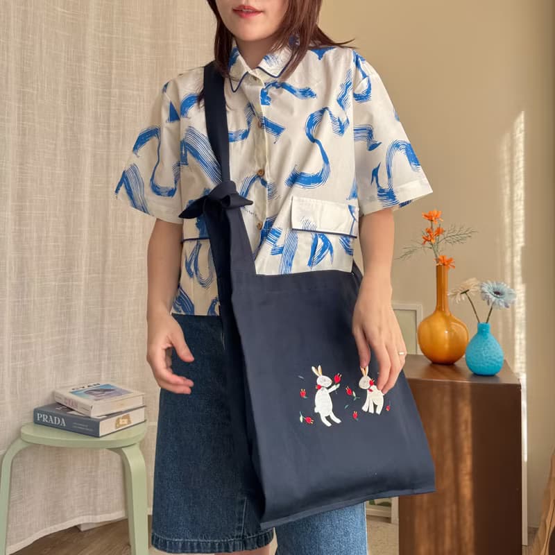 棉質刺繡購物肩背袋   Rabbit