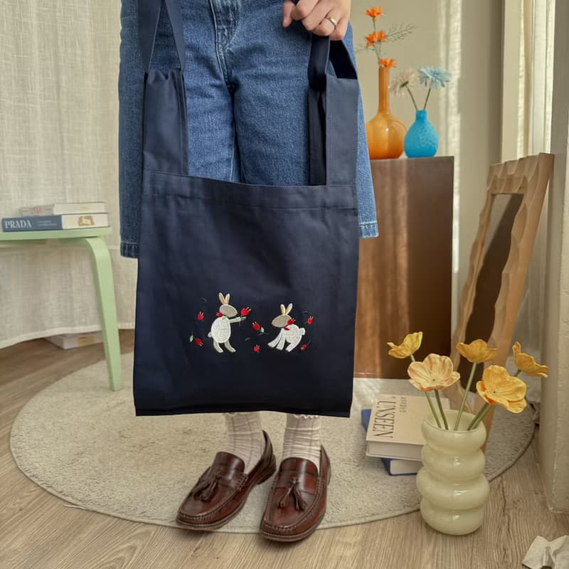 棉質刺繡購物肩背袋   Rabbit