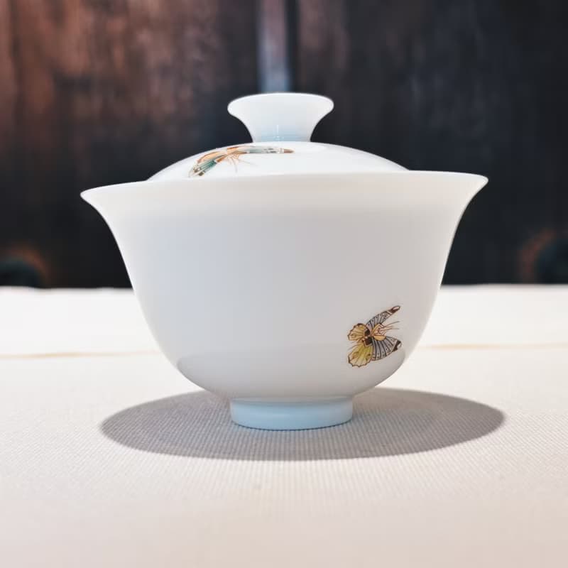 自慢監製 不言美器 釉中彩 玉瓷 蓋杯 蝴蝶