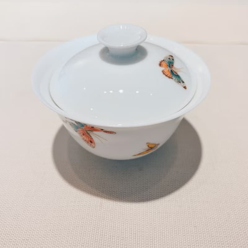 自慢監製 不言美器 釉中彩 玉瓷 蓋杯 蝴蝶