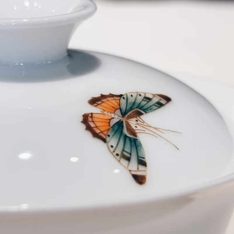 自慢監製 不言美器 釉中彩 玉瓷 蓋杯 蝴蝶