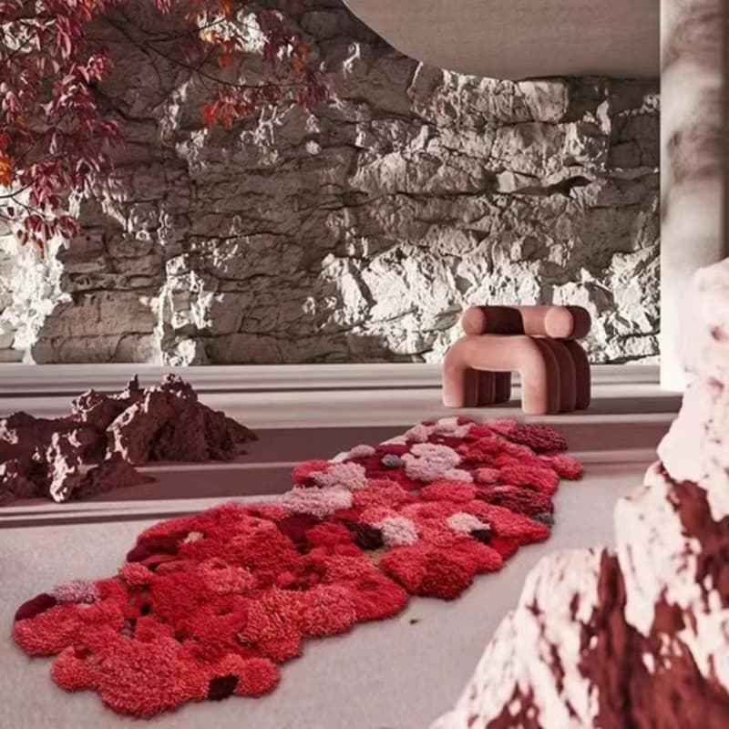 北歐風 手作 紐西蘭羊毛地毯 紅色森林 客廳臥室 床邊墊 家居裝飾