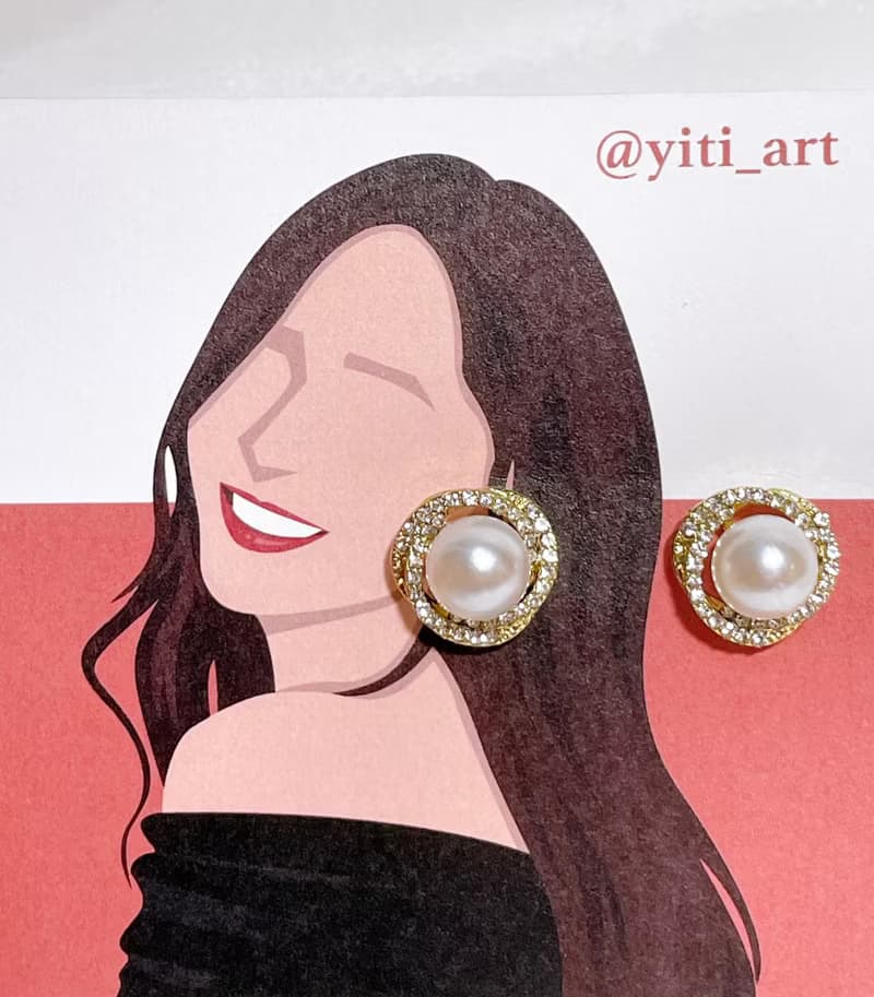 Yitiart 環繞水鑽珍珠耳環 似顏繪 情人節禮物 耳環背卡設計 生日