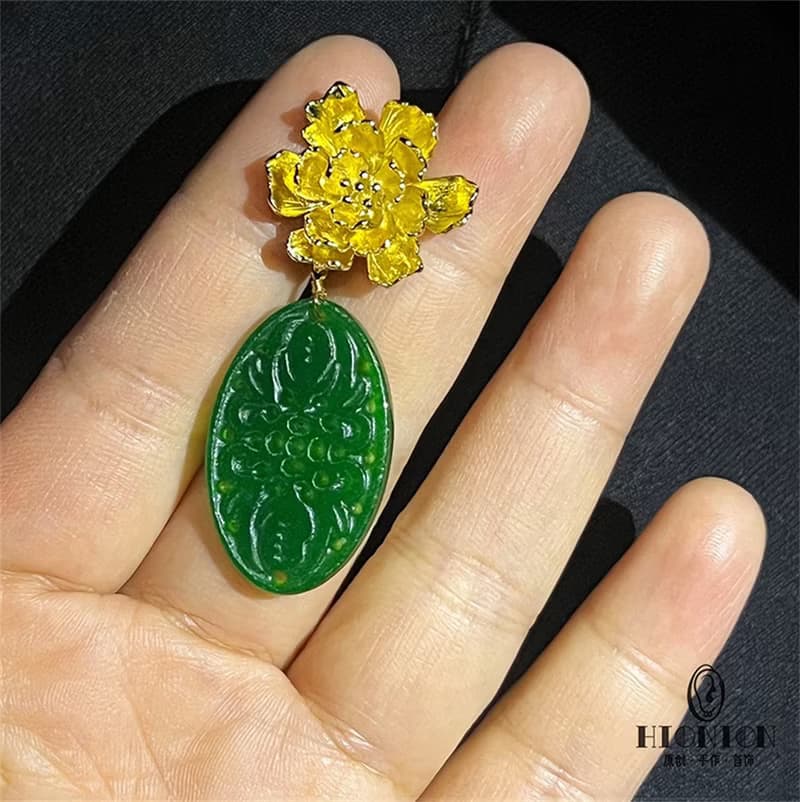 貴妃插翠~原創小眾干青翡翠牡丹耳夾螺旋夾復古國風新中式耳環