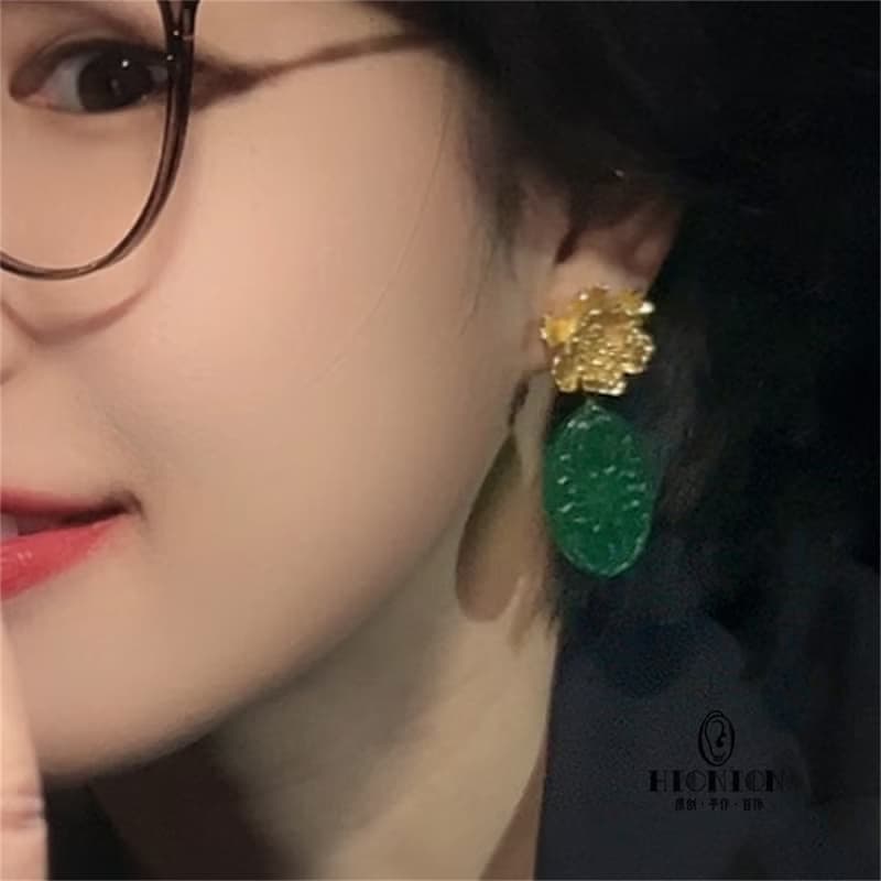 貴妃插翠~原創小眾干青翡翠牡丹耳夾螺旋夾復古國風新中式耳環