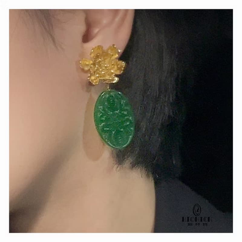 貴妃插翠~原創小眾干青翡翠牡丹耳夾螺旋夾復古國風新中式耳環