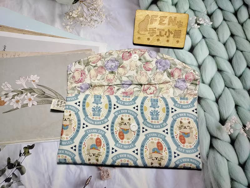 單層紅包袋-白藍暴富招財貓手作布紅包袋-存摺套-萬用收納袋