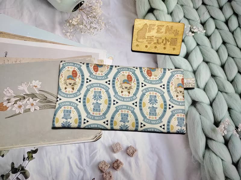 單層紅包袋-白藍暴富招財貓手作布紅包袋-存摺套-萬用收納袋