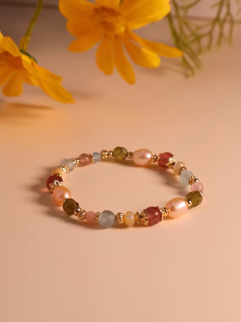 緞帶。橘粉淡水珍珠 海水藍寶 草莓晶 14K包金 水晶礦石手鍊
