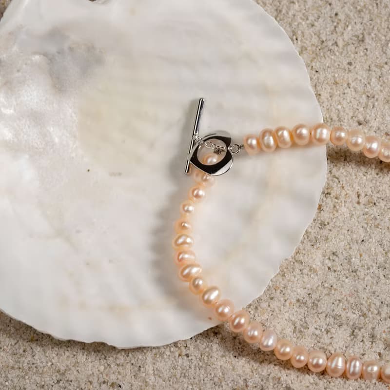 天然粉色淡水珍珠項鍊 5–6mm 銀色愛心扣 簡約時尚 紀念日禮物