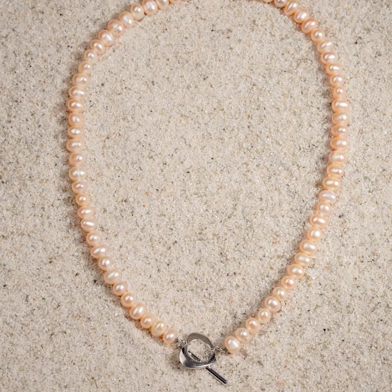 天然粉色淡水珍珠項鍊 5–6mm 銀色愛心扣 簡約時尚 紀念日禮物