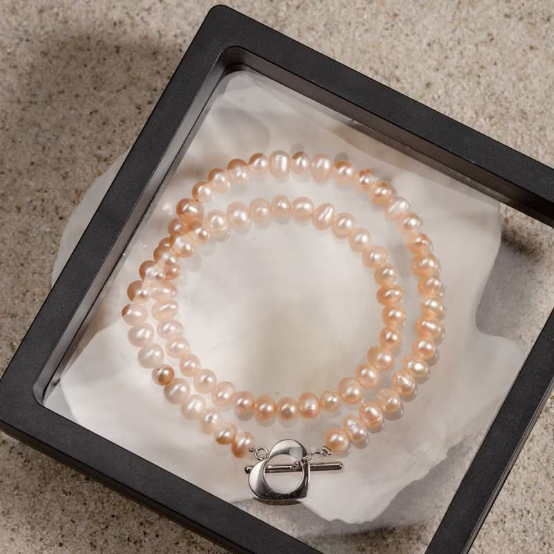天然粉色淡水珍珠項鍊 5–6mm 銀色愛心扣 簡約時尚 紀念日禮物