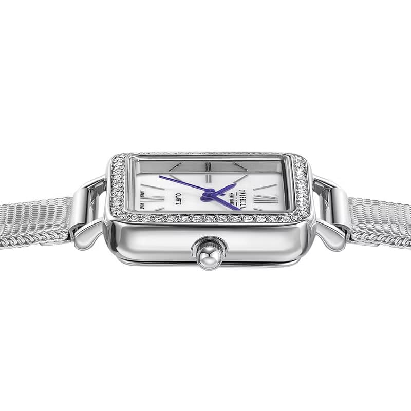 復古方形鋯石鋼織帶石英手錶