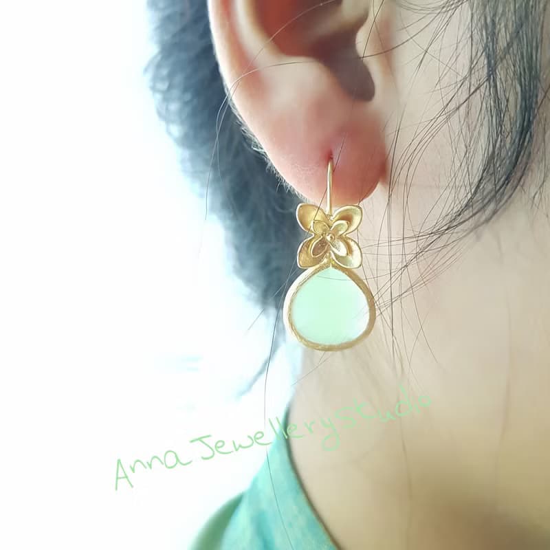Handcrafted Water Droplet Bliss in Matte Silver Gold Flower Hook Earrings