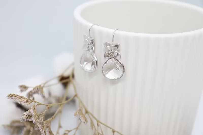Handcrafted Water Droplet Bliss in Matte Silver Gold Flower Hook Earrings