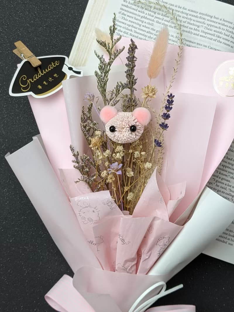 乾燥花束-可愛動物浪漫粉紅熊 生日花束 情人節禮物 情人節花束