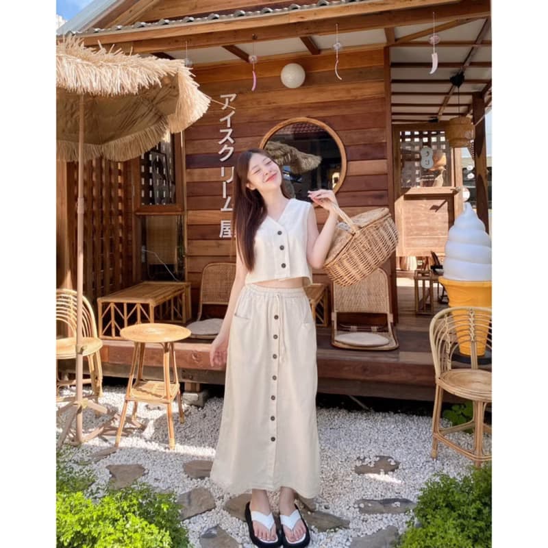 Summer Set - Sleeveless crop top + Long skirt, cotton and linen.