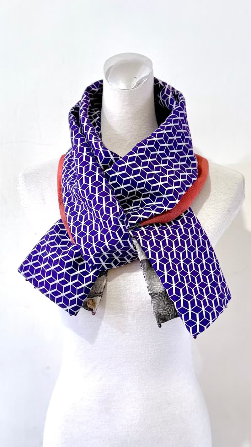 純手作絲質紫色幾何格撞色磚紅線條晚霞黑色灰階點點雲朵圍巾披肩