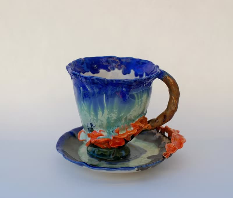Mushrooms Teacup And Saucer Chanterelle figurines Green Forest tea set