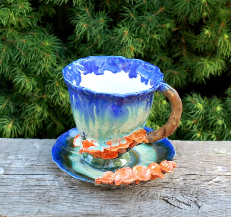Mushrooms Teacup And Saucer Chanterelle figurines Green Forest tea set