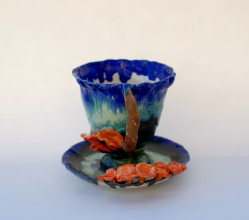 Mushrooms Teacup And Saucer Chanterelle figurines Green Forest tea set