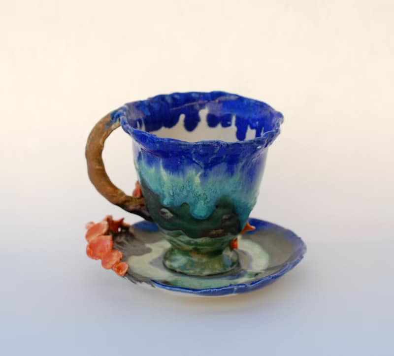 Mushrooms Teacup And Saucer Chanterelle figurines Green Forest tea set