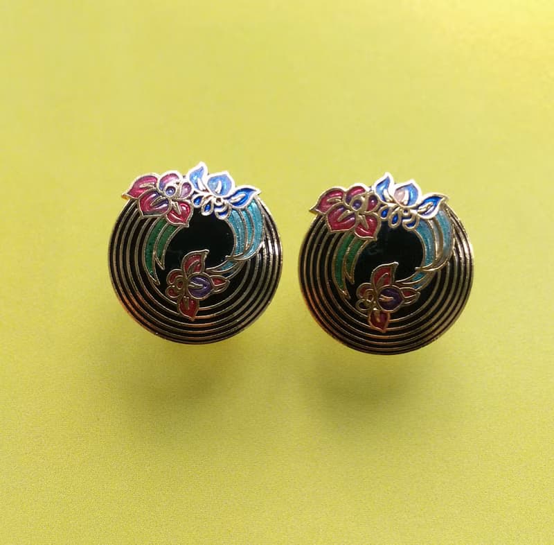 【西洋古董飾品 】景泰藍 黑底優美 花卉 夾式耳環
