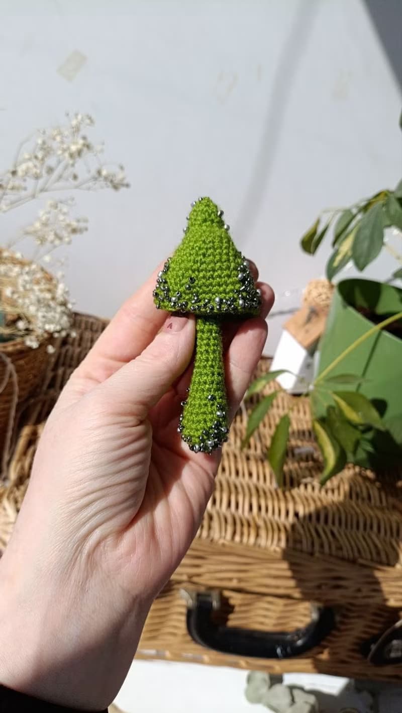 Handmade cotton brooch mushroom and beads decor/green pins/ BOHO brooch gift