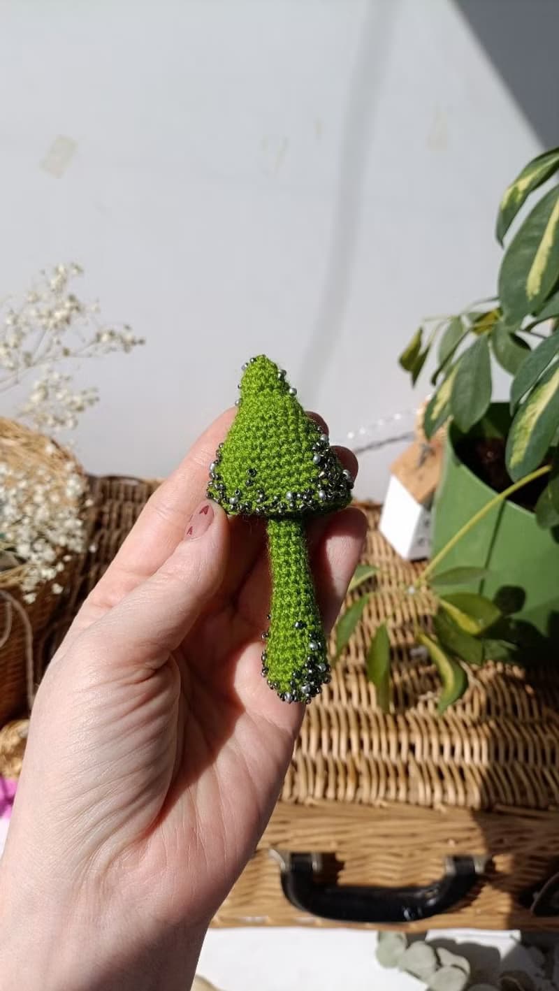 Handmade cotton brooch mushroom and beads decor/green pins/ BOHO brooch gift