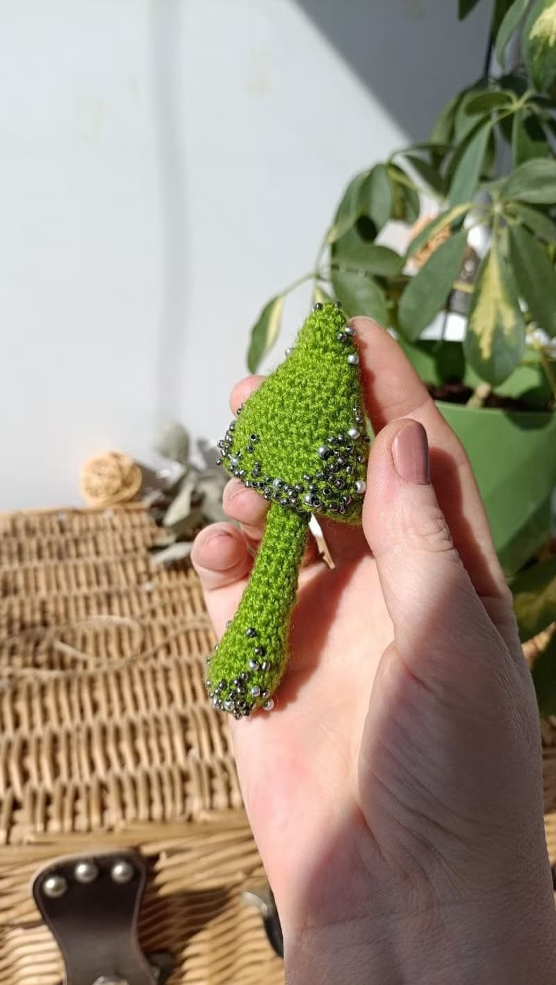 Handmade cotton brooch mushroom and beads decor/green pins/ BOHO brooch gift