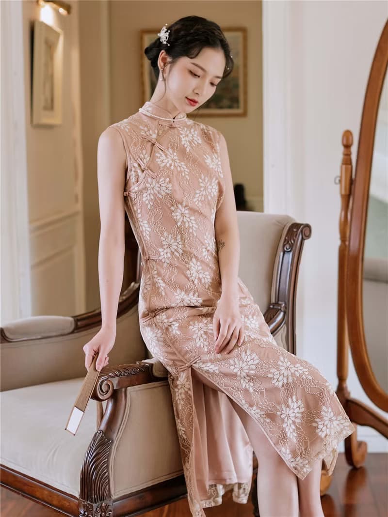 咖杏色 如煙 無袖包邊優雅蕾絲開衩旗袍 改良新中式國風洋裝禮服