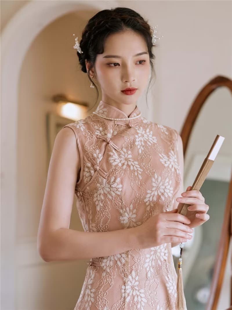 咖杏色 如煙 無袖包邊優雅蕾絲開衩旗袍 改良新中式國風洋裝禮服