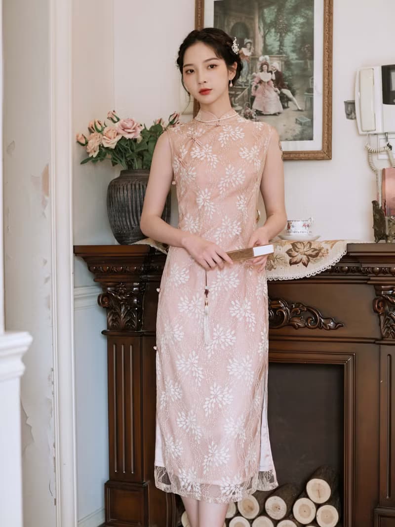 咖杏色 如煙 無袖包邊優雅蕾絲開衩旗袍 改良新中式國風洋裝禮服