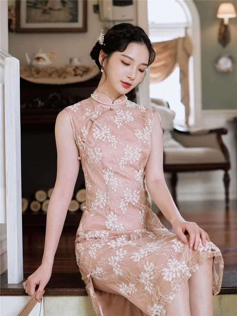 咖杏色 如煙 無袖包邊優雅蕾絲開衩旗袍 改良新中式國風洋裝禮服