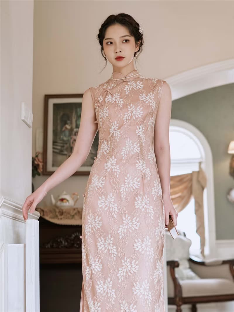 咖杏色 如煙 無袖包邊優雅蕾絲開衩旗袍 改良新中式國風洋裝禮服