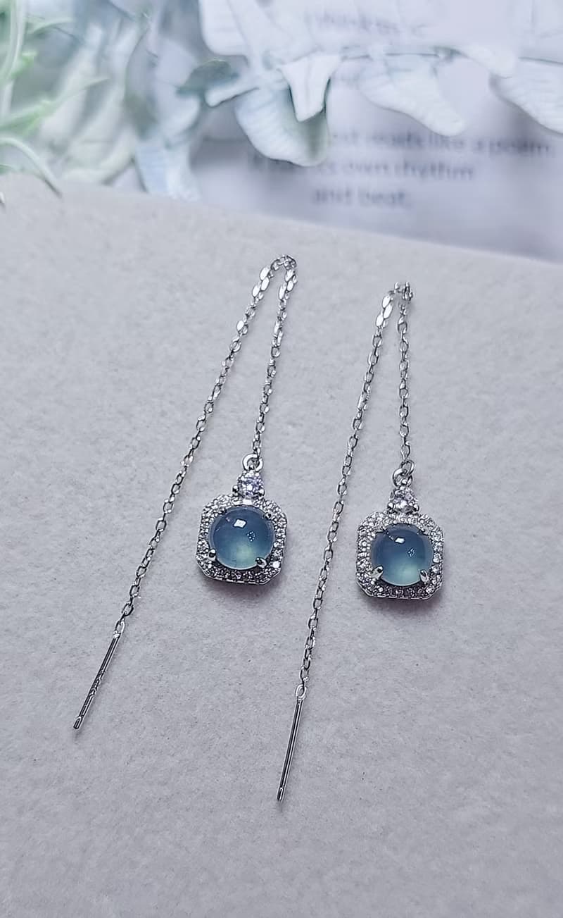 |星空藍剛|A貨翡翠冰玻藍剛大蛋面7.4mm純銀鍍18k仙氣耳環