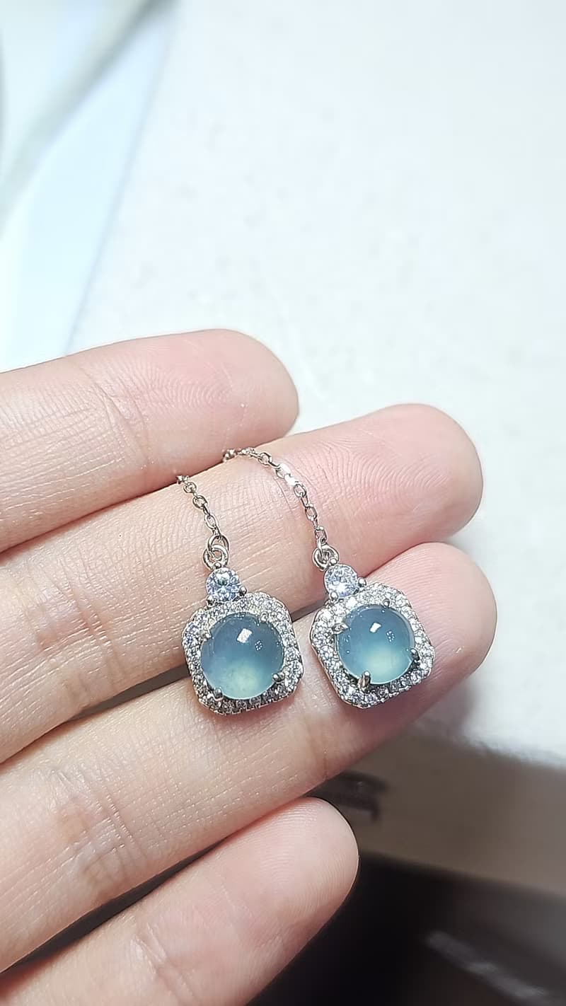 |星空藍剛|A貨翡翠冰玻藍剛大蛋面7.4mm純銀鍍18k仙氣耳環