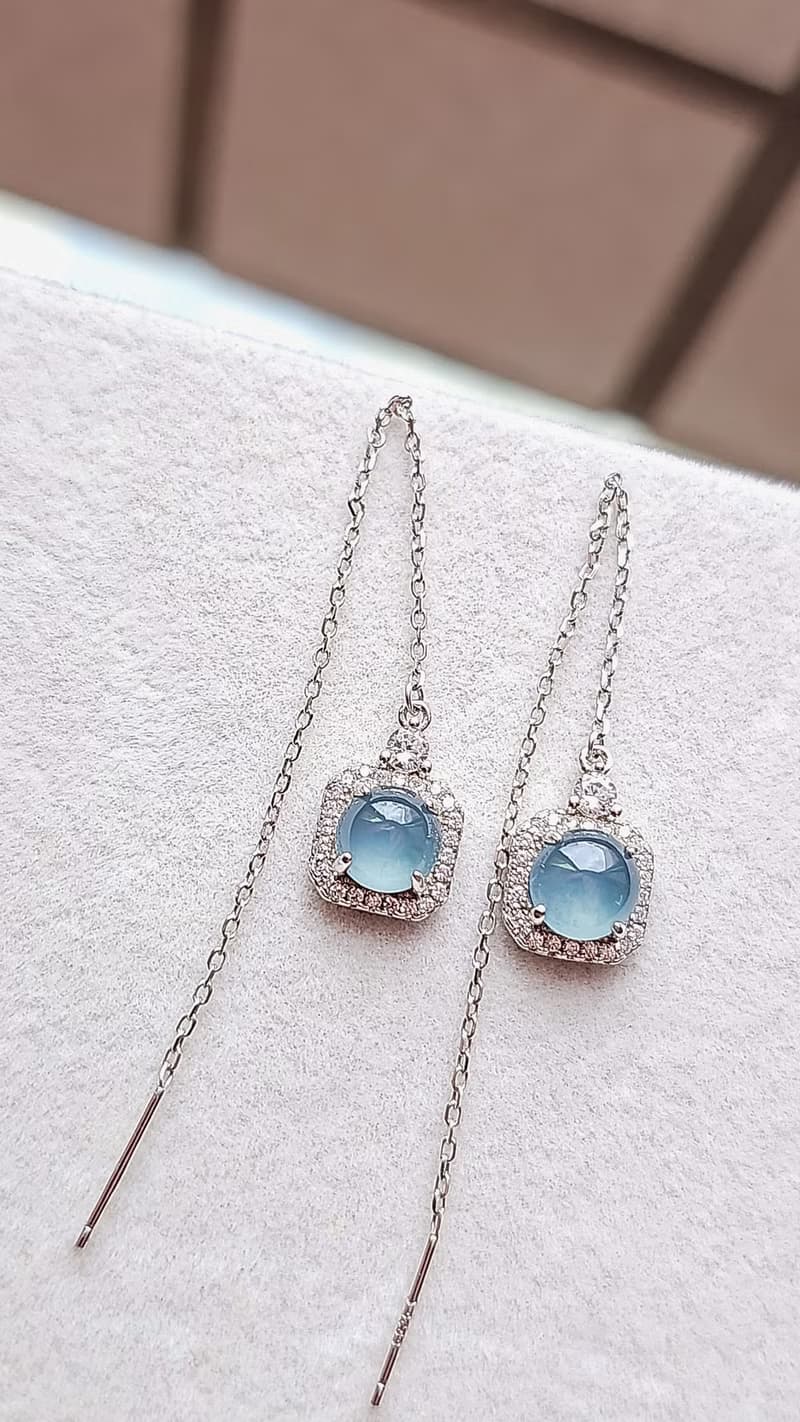 |星空藍剛|A貨翡翠冰玻藍剛大蛋面7.4mm純銀鍍18k仙氣耳環