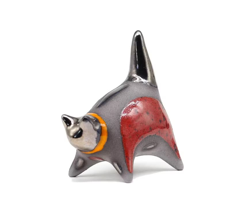 Handmade Ceramic Cat Figurine – Unique Animal Sculpture with Red Glaze