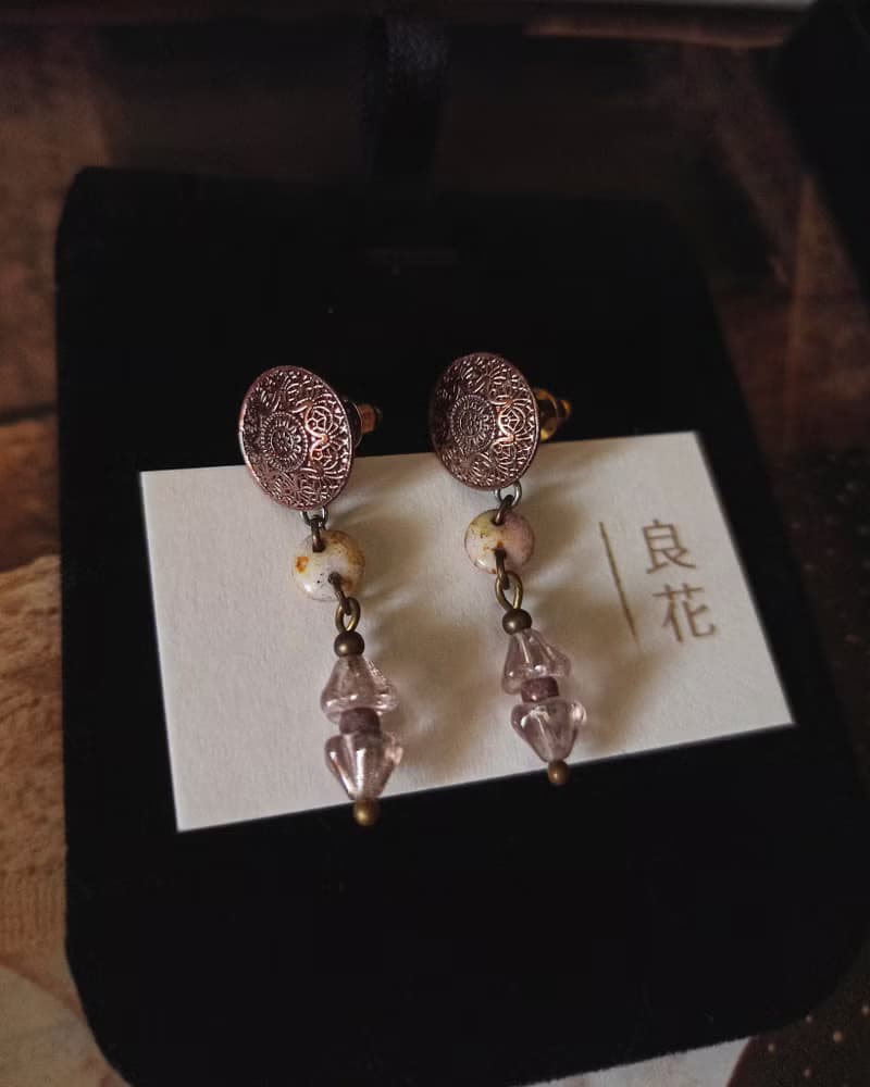古典花幾何短耳環 進口珠