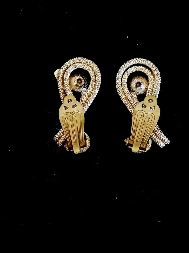 vintage jewelry  典雅金色繩結萊茵鑽 夾式耳環