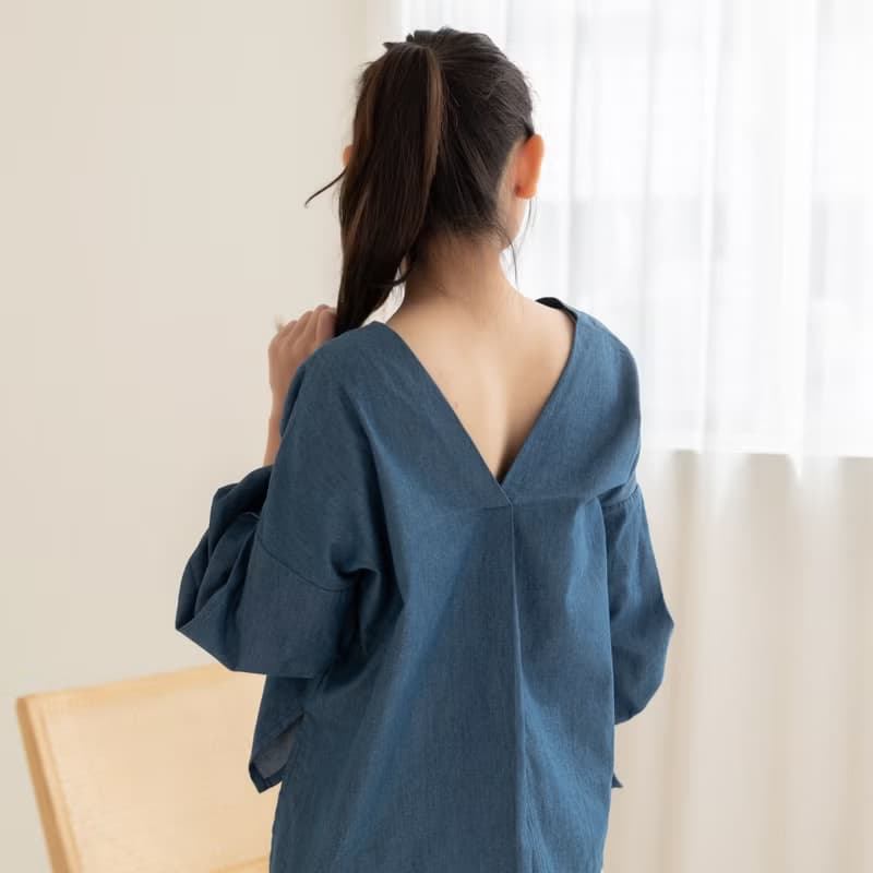 | 自訂款・知性美Style | 皮特小泡袖 七分袖 女裝上衣 青藍
