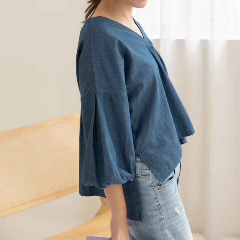 | 自訂款・知性美Style | 皮特小泡袖 七分袖 女裝上衣 青藍