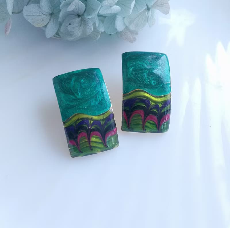 Vintage Jewelry 西洋古董飾品 長方 綠拉絲紋  針式耳環