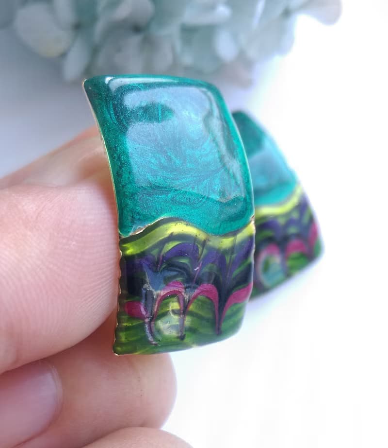 Vintage Jewelry 西洋古董飾品 長方 綠拉絲紋  針式耳環