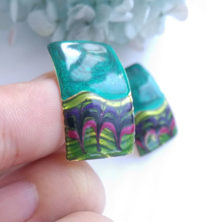 Vintage Jewelry 西洋古董飾品 長方 綠拉絲紋  針式耳環