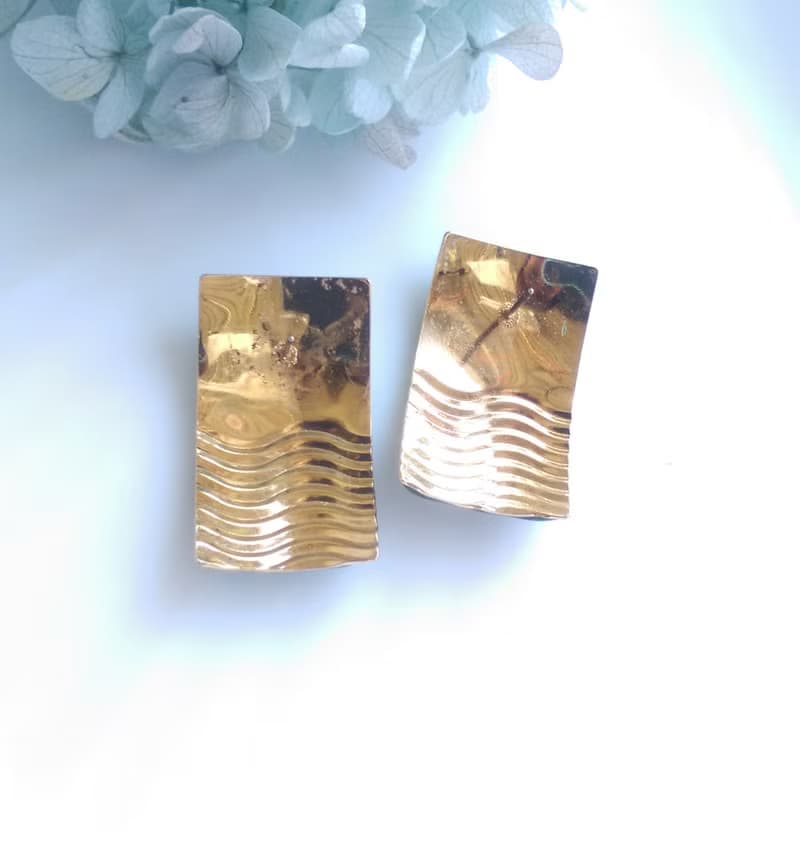 Vintage Jewelry 西洋古董飾品 長方 綠拉絲紋  針式耳環