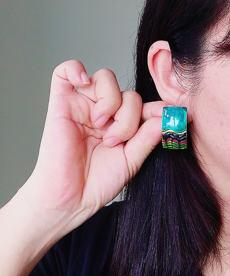 Vintage Jewelry 西洋古董飾品 長方 綠拉絲紋  針式耳環